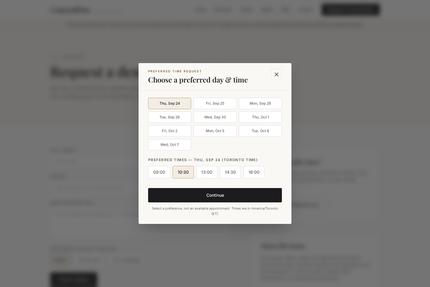 Preferred-time request modal showing Toronto weekday and time choices.