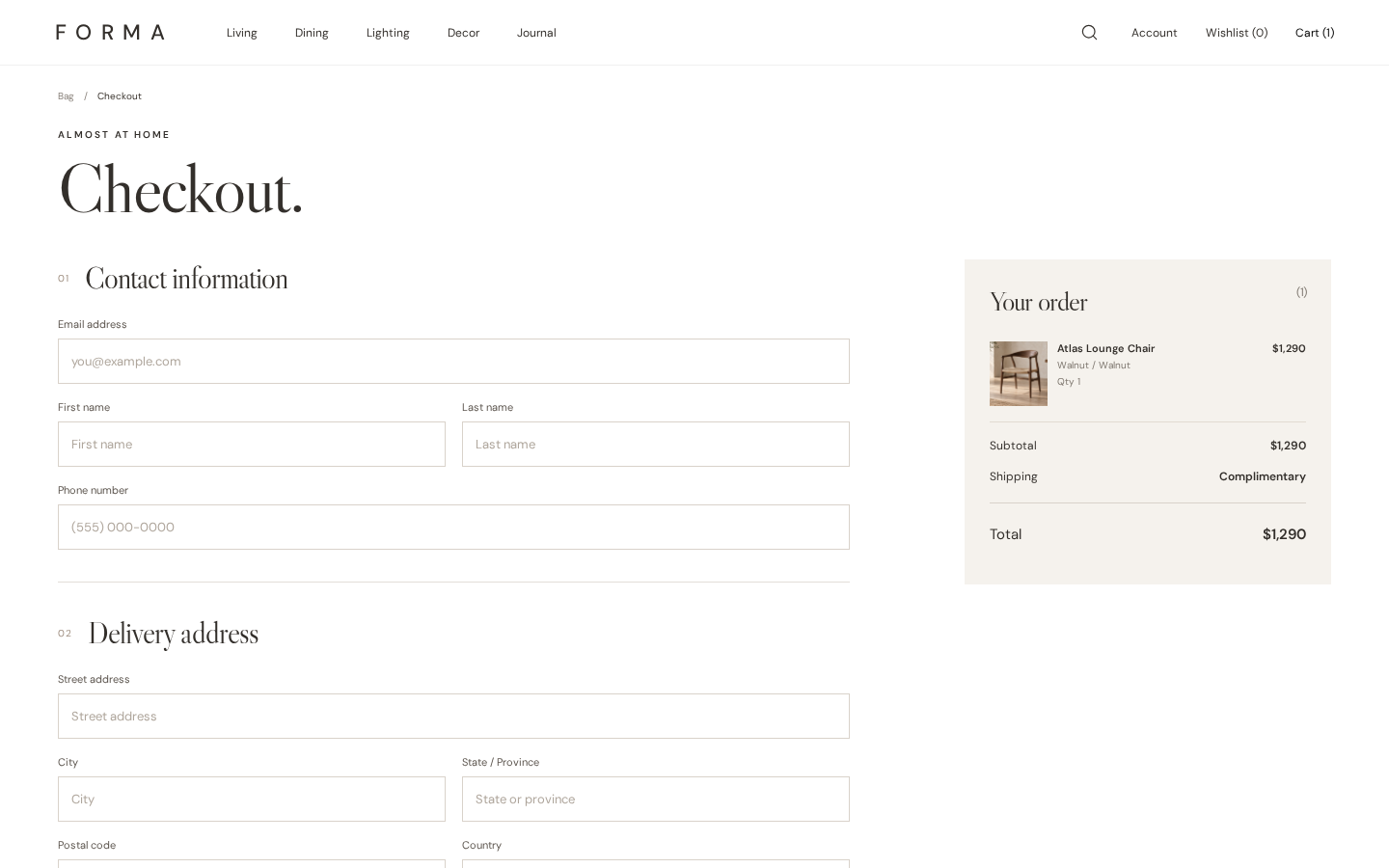 Forma demo checkout with contact fields and an order summary.