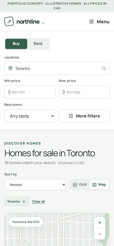 Northline mobile map view with Toronto results and a Show homes action.