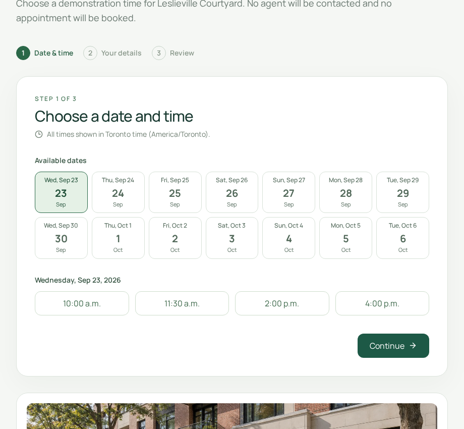 Northline viewing flow showing the selected home, Toronto time slots and contact fields.