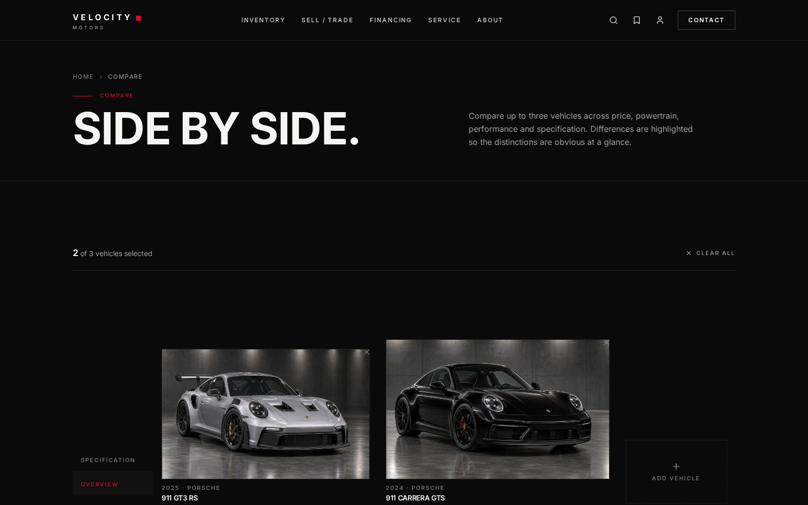 Velocity side-by-side comparison of two vehicles and their specifications.