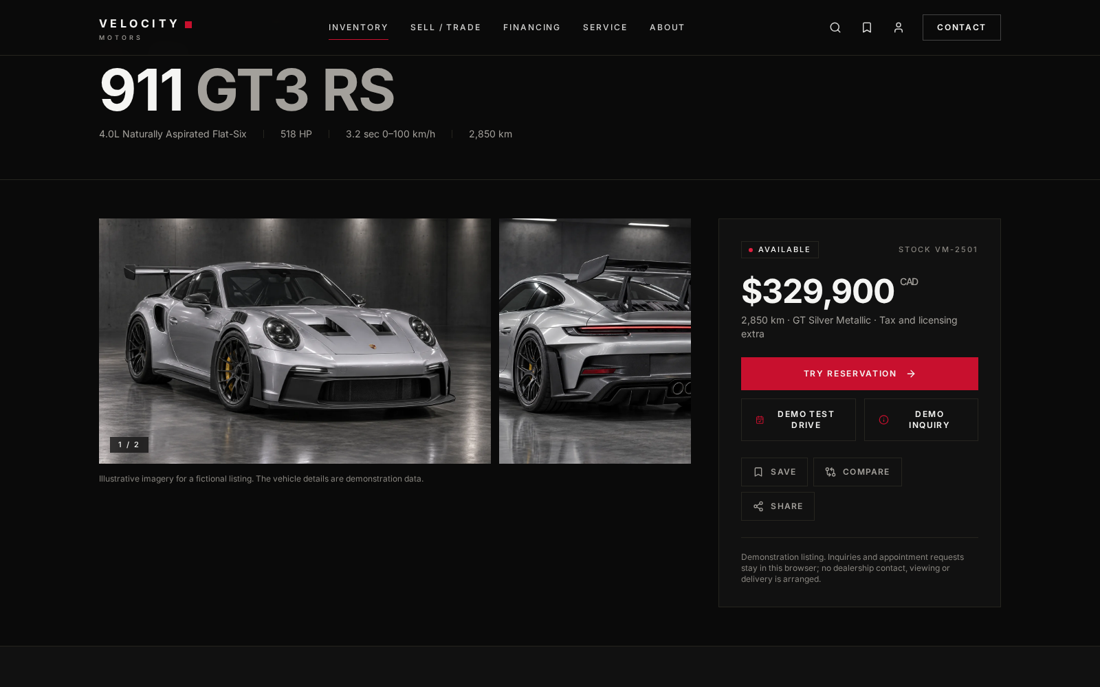 Velocity detail page with vehicle gallery, pricing and next-step actions.