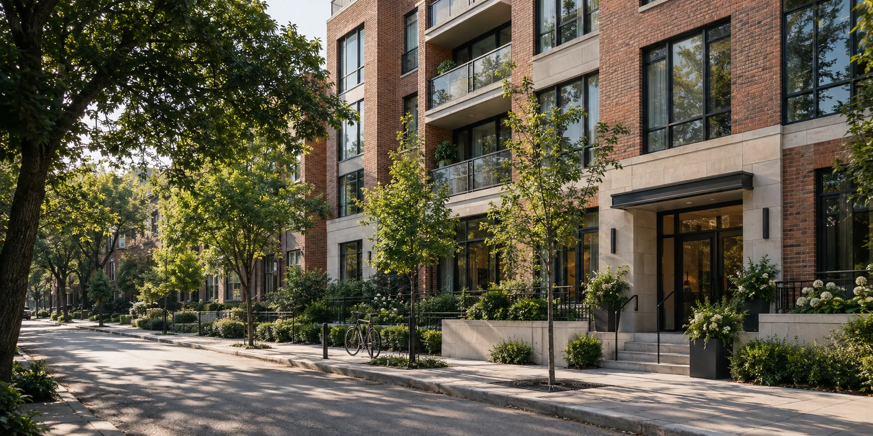 Illustrative modern brick residential facade on a tree-lined Toronto street