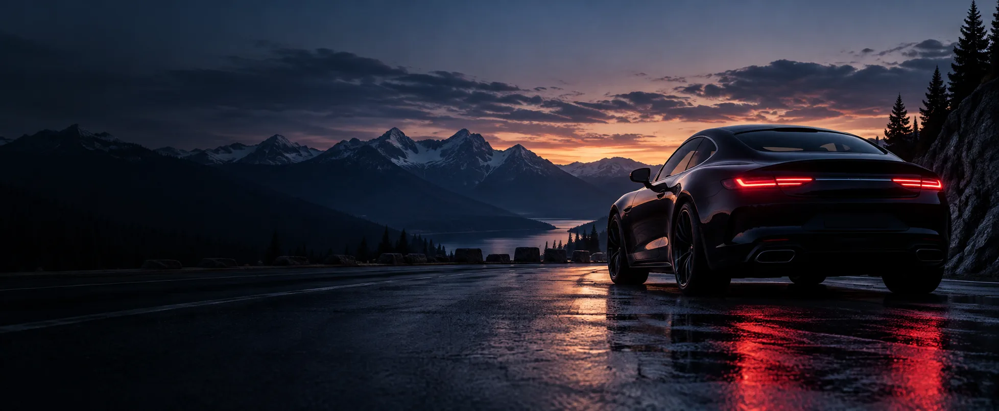 Performance coupe on a mountain road at blue hour