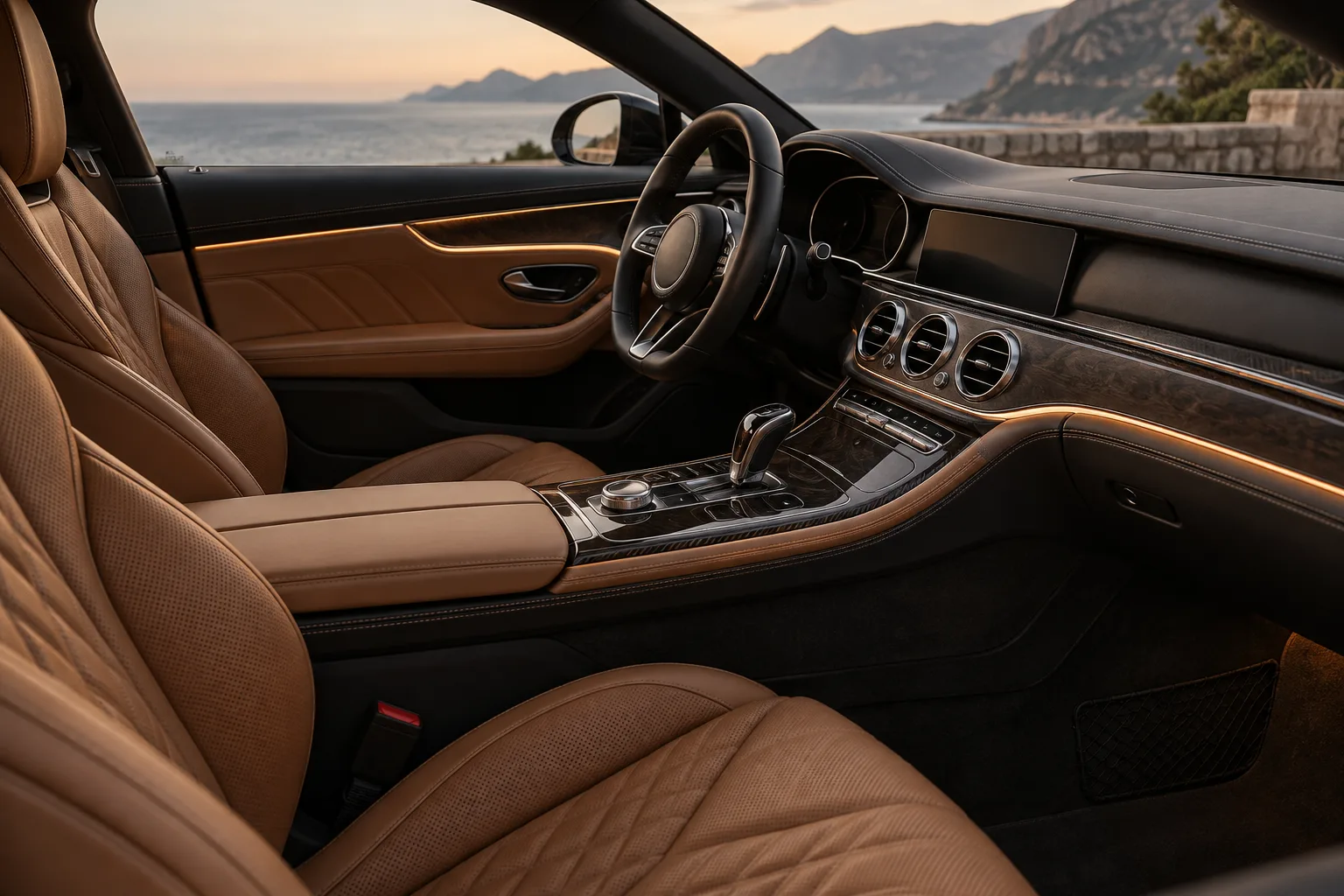 Tan leather cockpit of a luxury grand tourer