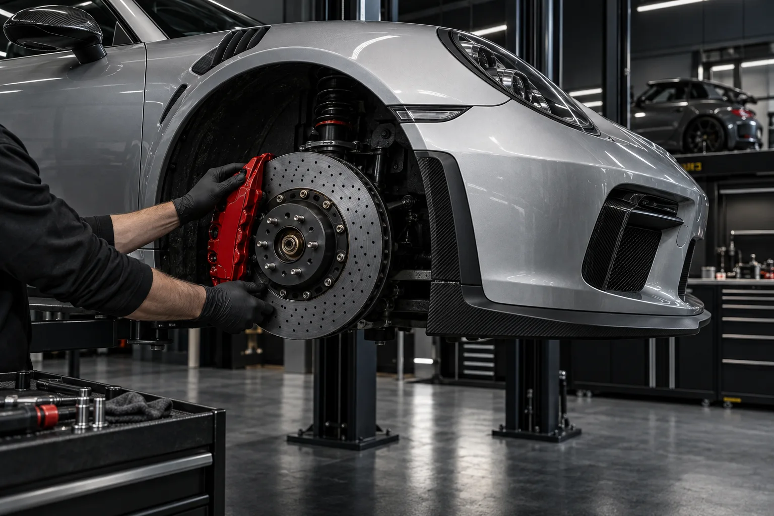 Technician inspecting the brakes of a silver performance car in a dark workshop