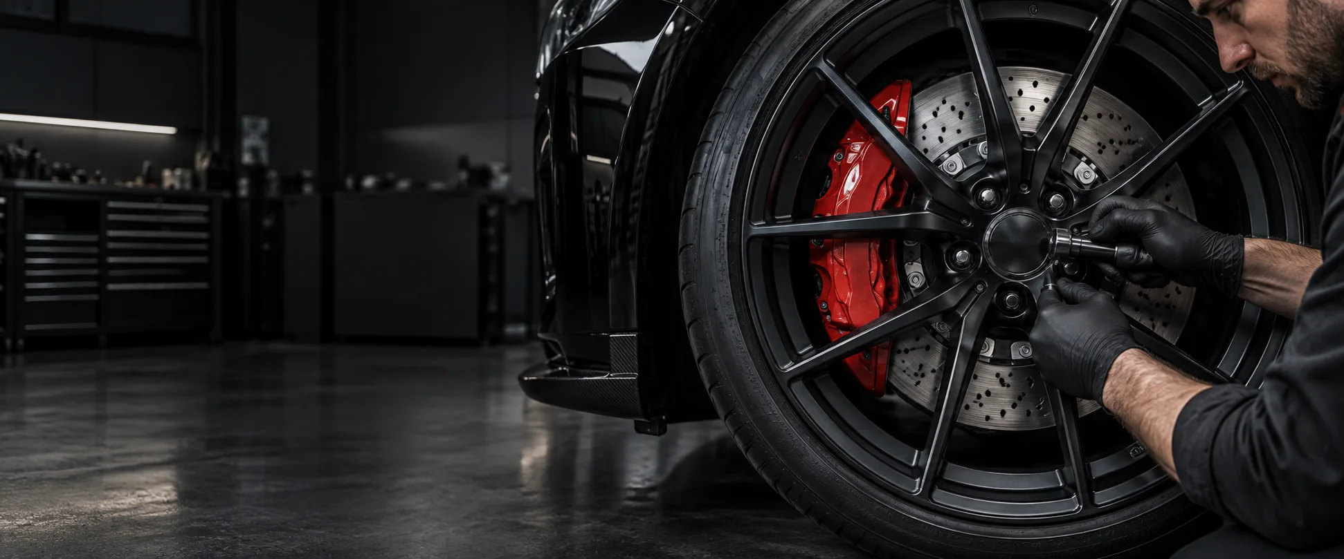 Mechanic inspecting a performance wheel and brake assembly