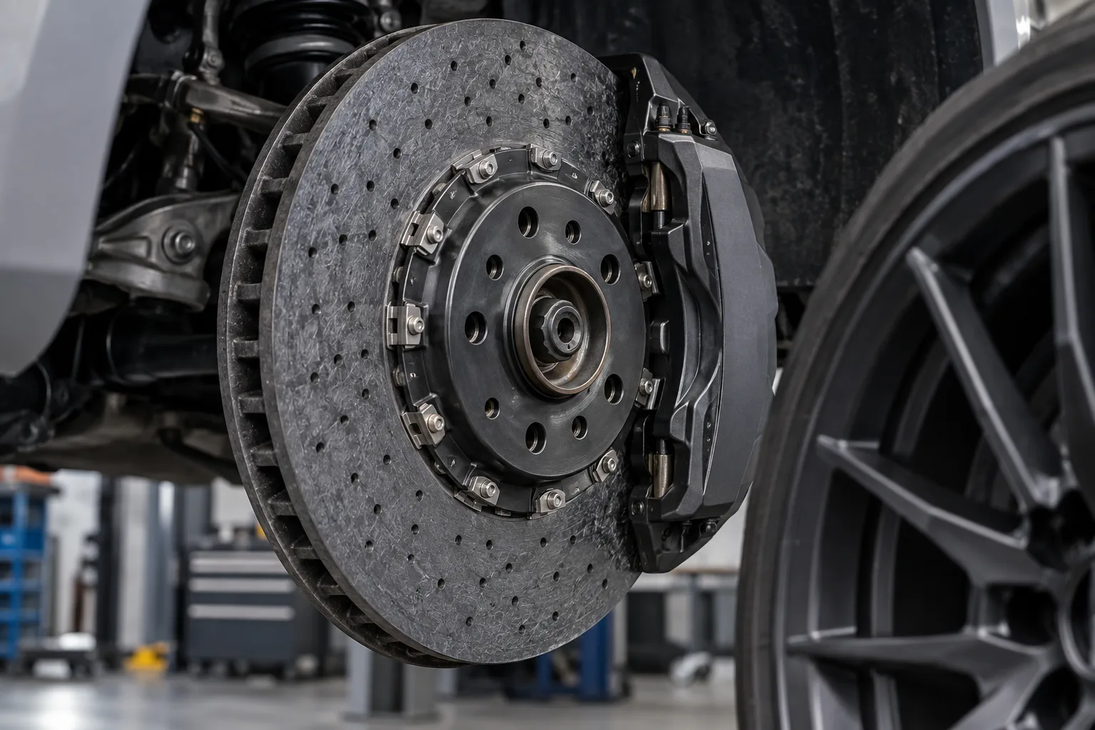 Carbon ceramic brake rotor and caliper in a workshop