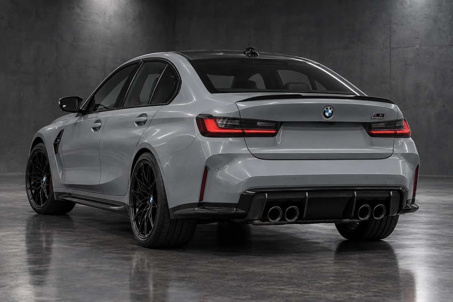 Illustrative rear three-quarter view of a 2024 BMW M3 Competition xDrive