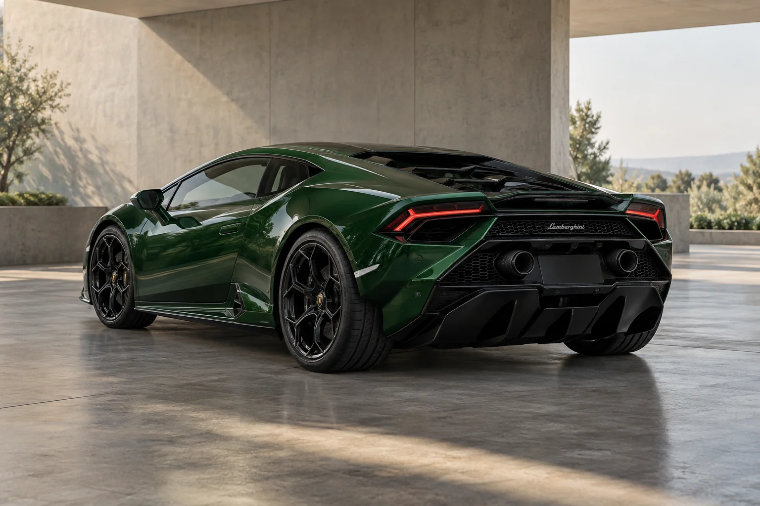 Illustrative rear three-quarter view of a 2024 Lamborghini Huracán Tecnica