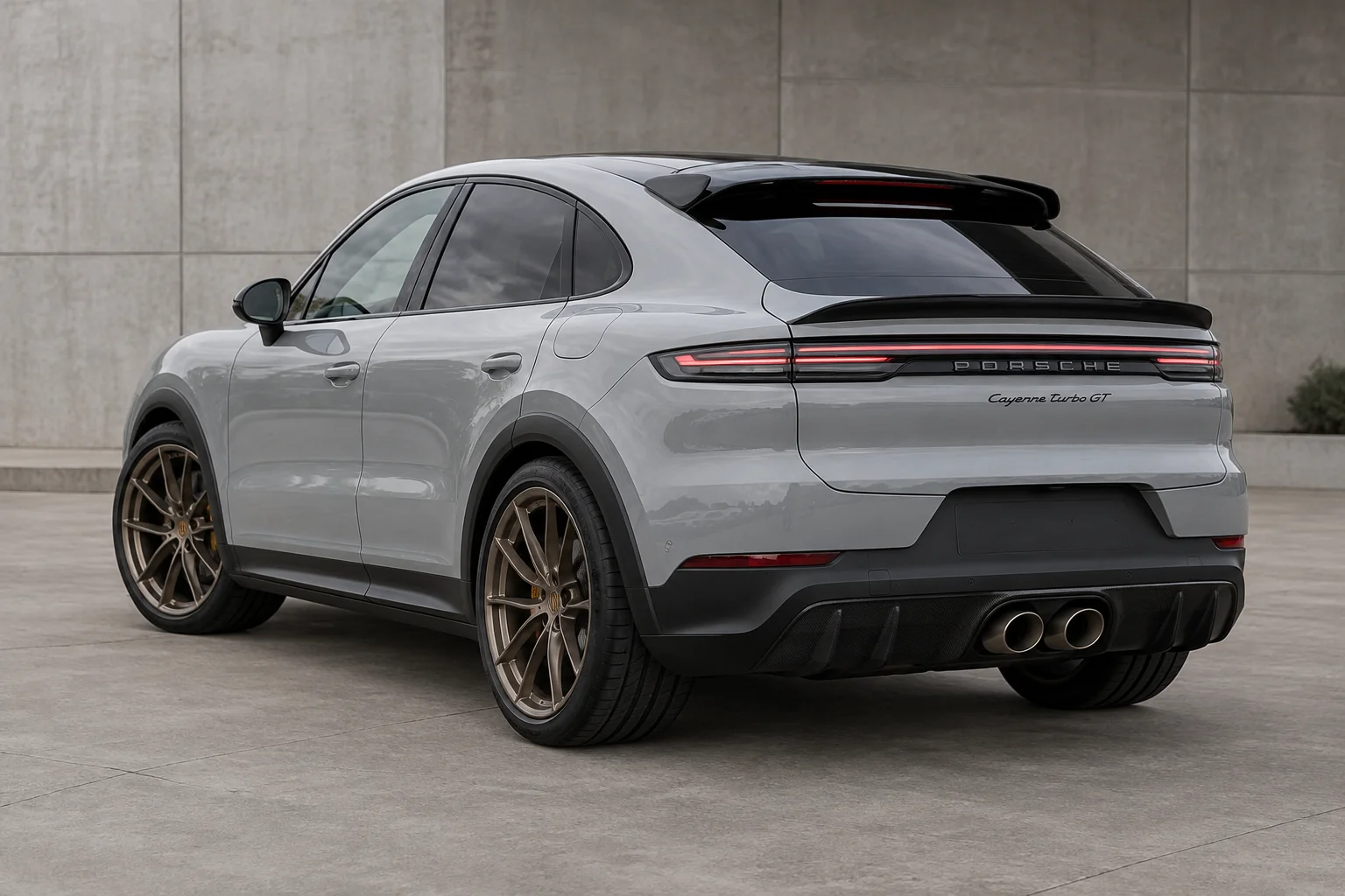 Illustrative rear three-quarter view of a 2024 Porsche Cayenne Turbo GT