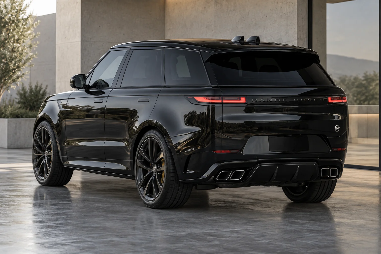 Illustrative rear three-quarter view of a 2025 Range Rover Sport SV
